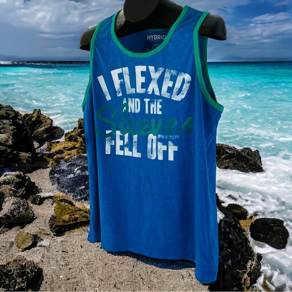 I Flexed And The Sleeves Fell Off Tank Top | Blue with Green Trim | Men's Size L - Picture 10 of 10